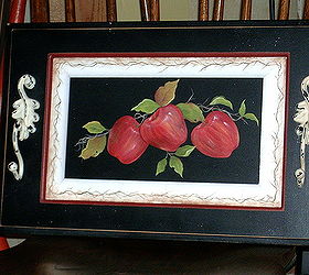 cabinet door serving tray by granart, crafts, painting, repurposing upcycling, Apple Tray by GranArt this is another cabinet door that I painted added some metal hangers as handles and turned it into a serving tray
