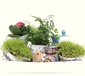 a tea pot mini garden fairy garden, gardening, A tea pot mini garden using a tea pot tea cups creamers and sugar bowls
