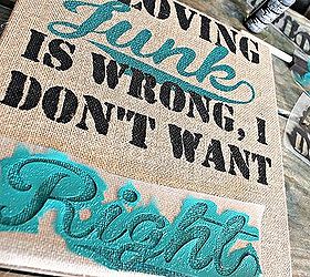 a junkie spin on burlap canvas art, crafts, repurposing upcycling, Certain parts were tricky as I wanted the black paint on top of the teal so I had to think ahead and do parts of it out of order