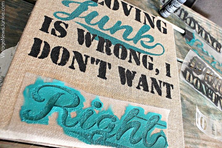 a junkie spin on burlap canvas art, crafts, repurposing upcycling, Certain parts were tricky as I wanted the black paint on top of the teal so I had to think ahead and do parts of it out of order