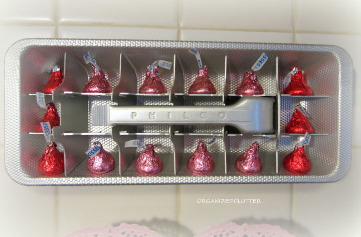 a valentine s day vintage kitchen vignette, seasonal holiday d cor, valentines day ideas, This Philco vintage ice cube tray became a candy shadow box on my kitchen backsplash wall