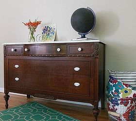a dark wood dresser with a white top, painted furniture, woodworking projects, After new stain and a little paint