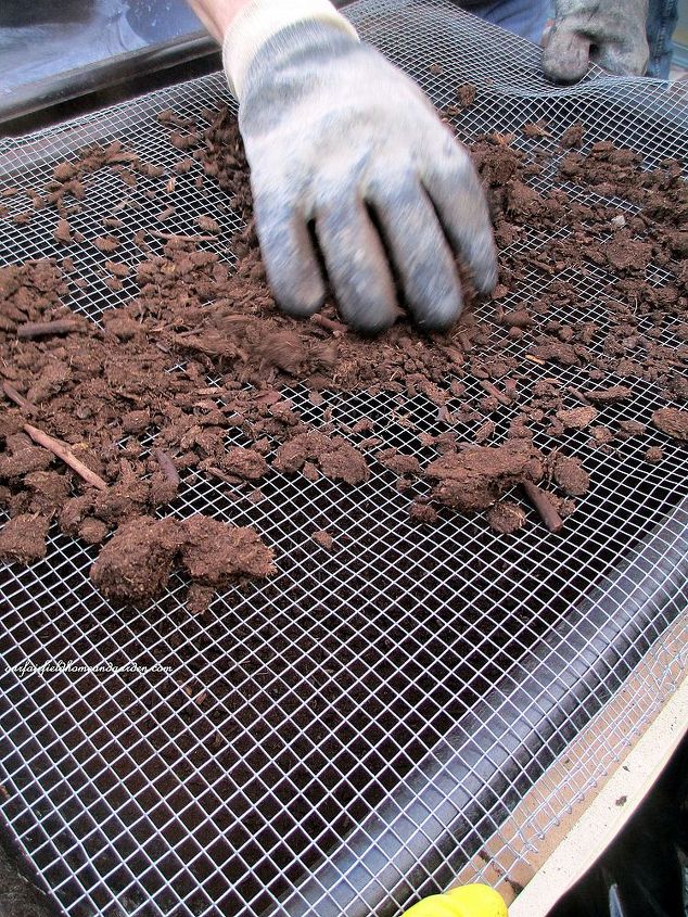 diy project hypertufa pots, container gardening, gardening, sifting the peat moss