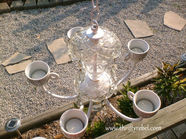 old chandelier makeover into garden candelier, outdoor living, repurposing upcycling, View of tea lights