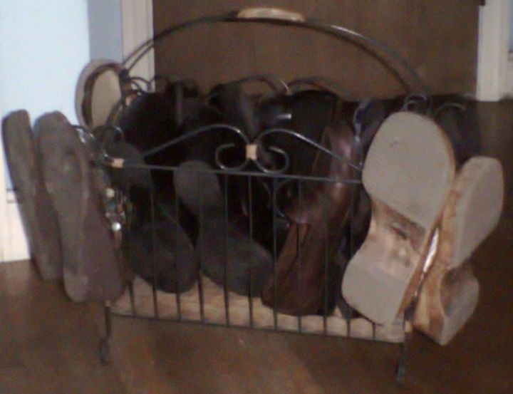 need a place to stash and organize shoes, organizing, I used the wire and wicker one to keep my sandals shoes and hang 4 pairs of assorted flip flops from the curled wire on the corners