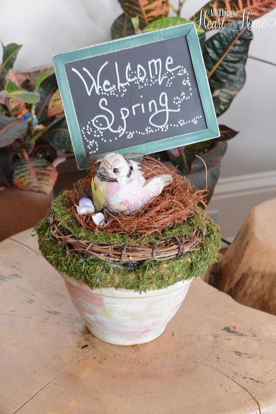 spring welcome for michaels hometalk pinterest party, chalkboard paint, crafts, easter decorations, seasonal holiday decor, wreaths, Tuck your sign into the Styrofoam and Welcome Spring Thanks for having a look at my project friends xo