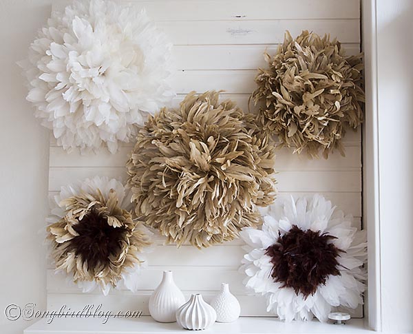 make these african juju hats knock offs, crafts, home decor, Combining different colored feathers gave a special effect And several wreaths together make for an awesome wall decor