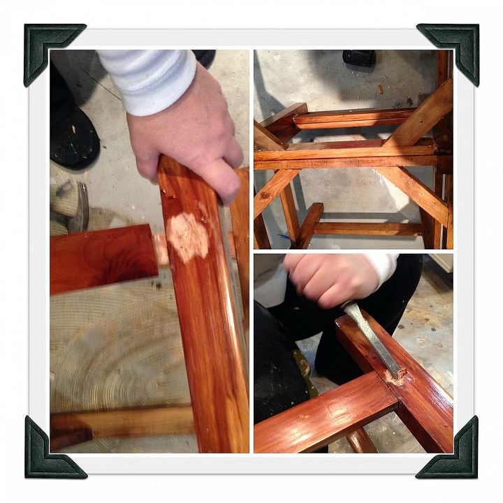 diy chair bench, painted furniture, repurposing upcycling, woodworking projects, Taking apart the old chair to use in the DIY Chair Bench