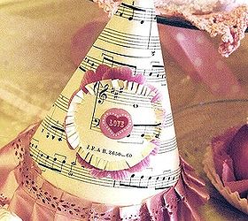 pretty in pink valentine s day party inspiration, crafts, repurposing upcycling, seasonal holiday decor, valentines day ideas, a dollar store hat covered with vintage sheet music and dolled up with vintage trims