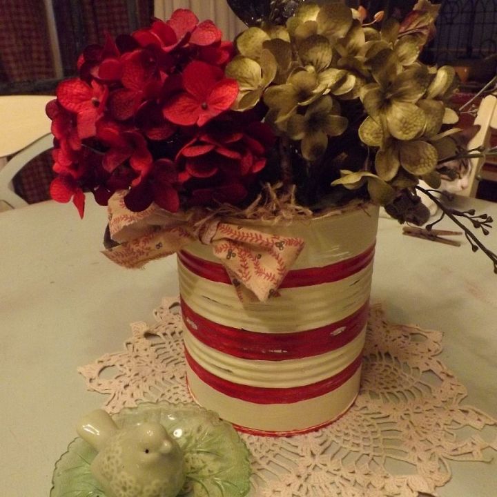 thrifted hydrangeas made into a pretty arrangement for about 1 33, chalkboard paint, crafts, home decor, repurposing upcycling, I painted the can and distressed it a bit then gave it a spray of protective coating