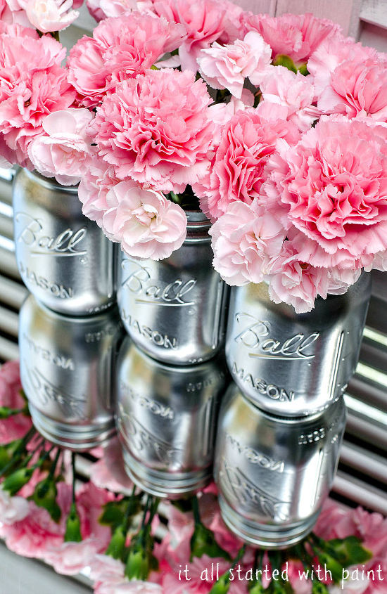 metallic look mason jars, crafts, mason jars, painting, Two coats of spray paint were used to create this look I turn them upside down to spray