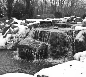 winter water features, ponds water features, Winter Waterfall in Black and White