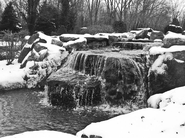 winter water features, ponds water features, Winter Waterfall in Black and White