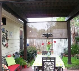 back yard patio makeover, outdoor living, Dining under our cypress pergola