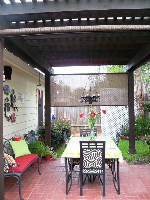 back yard patio makeover, outdoor living, Dining under our cypress pergola