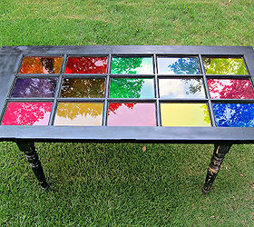 how to repurpose a glass door into a colorful table, painted furniture, repurposing upcycling, I used DecoArt Glass Stain in multiple colors My kids actually painted all the glass
