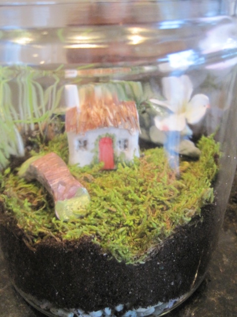 ireland in a jar, crafts, terrarium, add accessories I made the cottage and bridge from oven baked clay