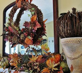 my fall mantel natural elements and textures pumpkins gourds pine cones lichen, home decor, seasonal holiday decor, wreaths, The wreath from several years ago came down from my attic and woo hoo looks great with a newer garland