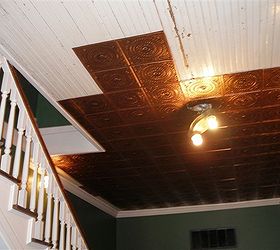 from boring ceiling to beautiful ceiling in a few hours, home decor, tiling, Work continues in covering the tongue groove with glue up plastic vinyl ceiling tiles with overlapping edges