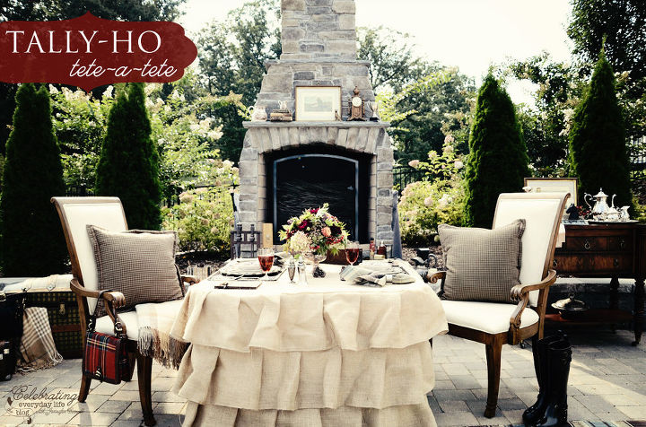 ralph lauren inspired outdoor dinner for two, home decor, outdoor living, Ralph Lauren inspired outdoor dinner for two stone fireplace ruffled burlap tablecloth