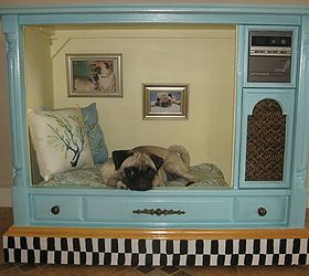 furniture for pets, painted furniture, pets animals, An old TV repurposed as a dog bed The family photos on the back wall are also a nice touch