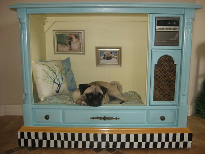 furniture for pets, painted furniture, pets animals, An old TV repurposed as a dog bed The family photos on the back wall are also a nice touch