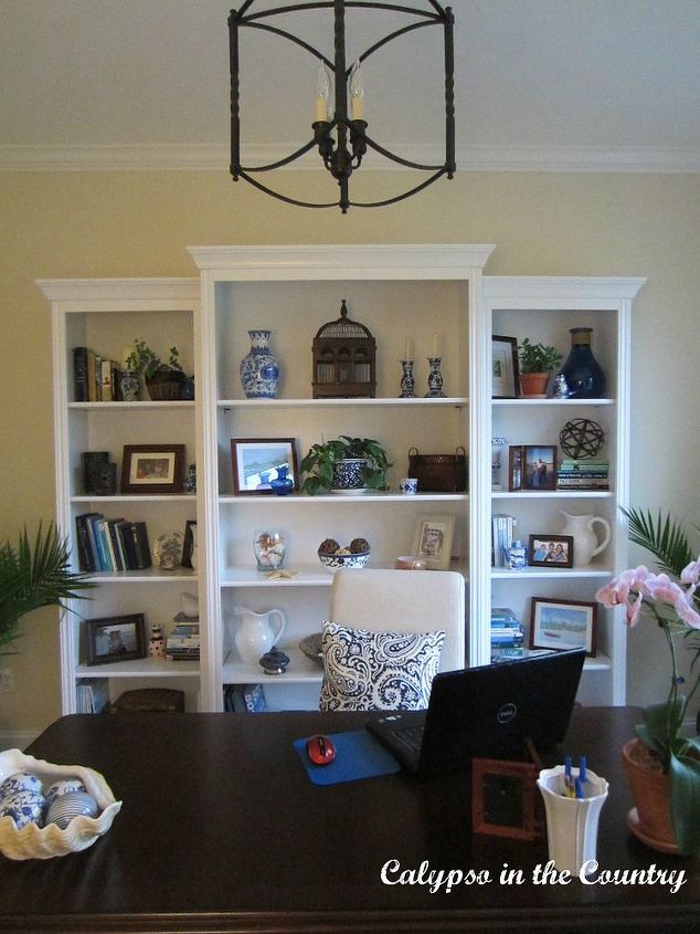 home office reveal, craft rooms, home decor, home office, When I bought these bookcases they were cream so I painted them Decorator s White to match the crown molding in the room