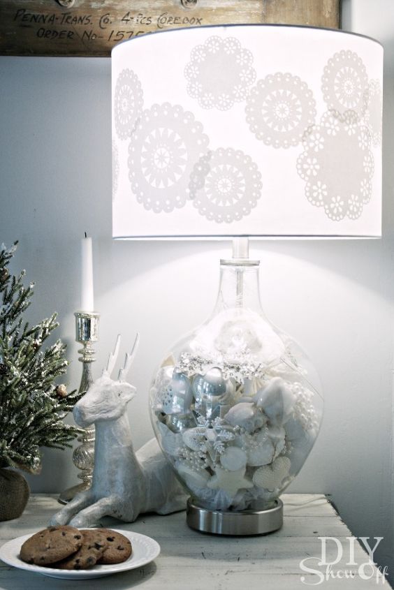 diy i spy winter wonderland lamp, crafts, decoupage, lighting, painting, The doilies are subtle when the lamp is turned off and show so pretty when the lamp is turned on