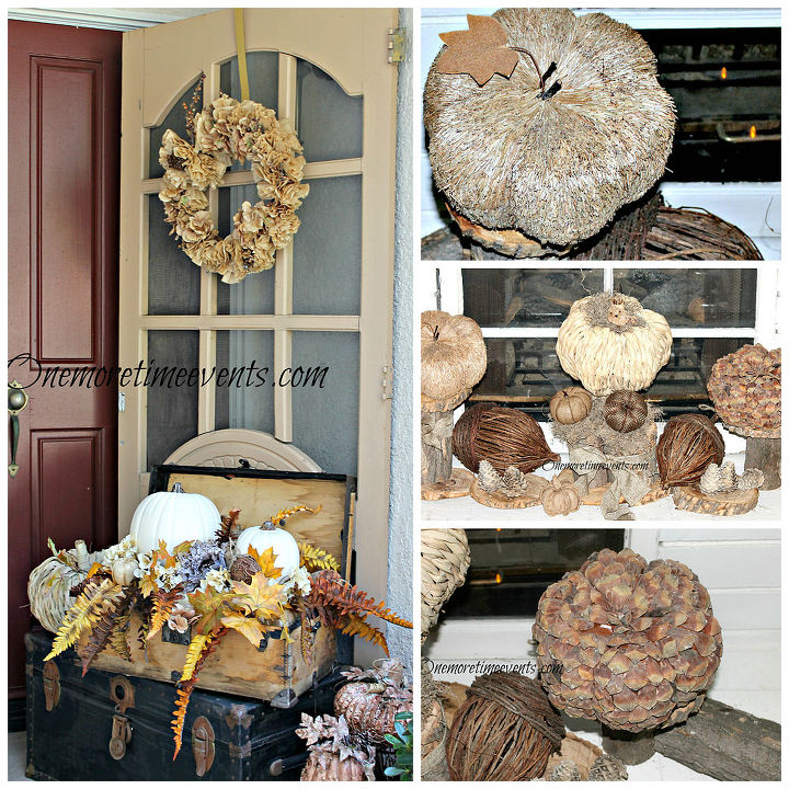 decoraes de outono da lareira e da casa, Usando um vaporizador de porta de tela antiga e uma caixa de ferramentas de carpinteiro para decorar para o outono