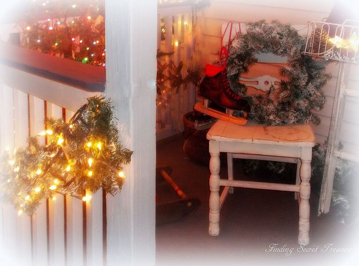 christmas porch, curb appeal, porches, seasonal holiday decor, Old Skates painted and a Chair gets a Santa Transfer from the Vintage Fairy