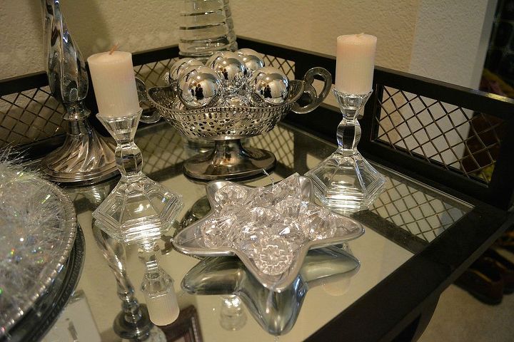 easy to create winter white vignette for the holidays, christmas decorations, seasonal holiday decor, Gather some candlesticks silver dishes candles silver ornaments and glass ornaments