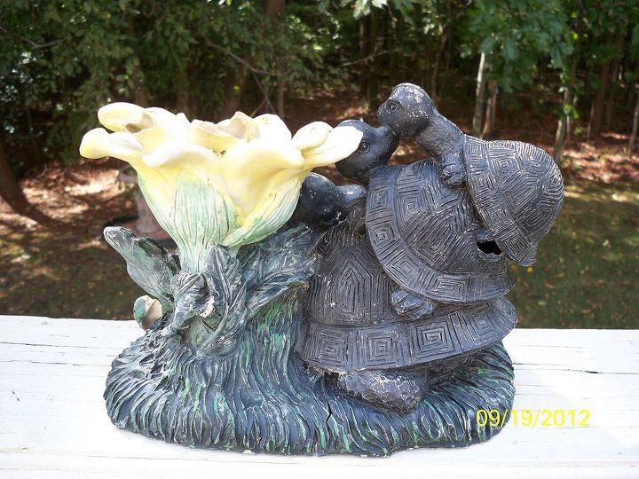 part 2 garden figurine makeover, gardening, See the hole in the shell of the middle turtle After gathering everyone up I realized how brittle and fragile they had become after years of being outside