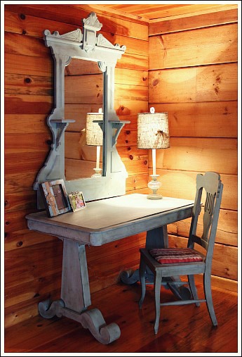 log cabin bedroom, bedroom ideas, home decor, This antique piece was left in the cabin by the previous owner I painted it with chalk paint and recovered the chair