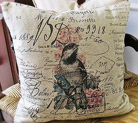 diy vintage french script bird pillows for free, crafts, Iron on transfers from The Graphics Fairy give the pillow a new identity Thanks Karen