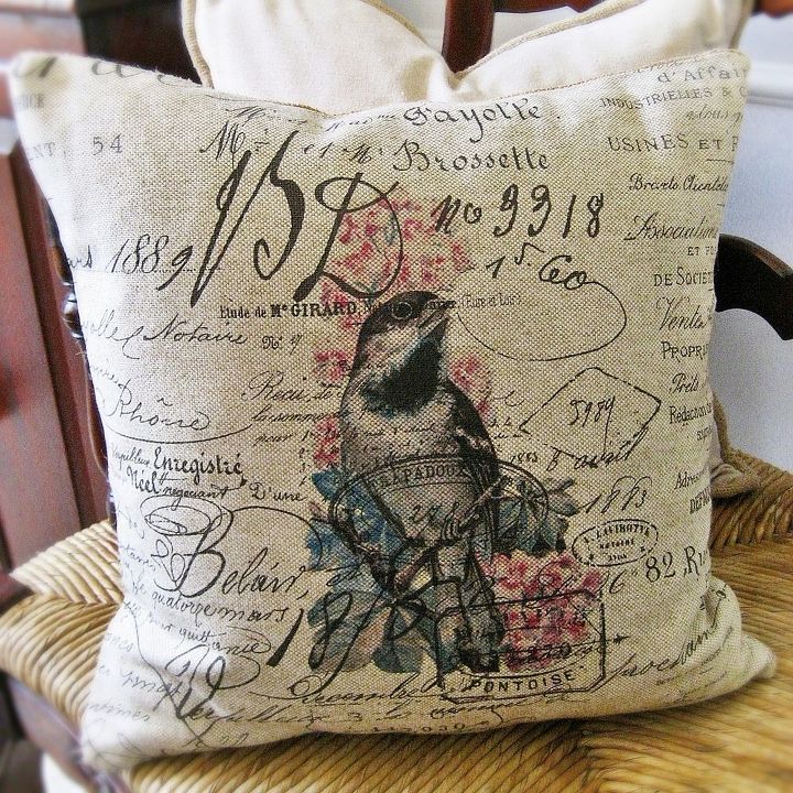 diy vintage french script bird pillows for free, crafts, Iron on transfers from The Graphics Fairy give the pillow a new identity Thanks Karen