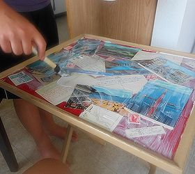 diy post card table, crafts, decoupage, painted furniture, I used Mod podge under the cards as well as on top to seal them in place