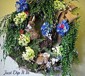 rabbit burrow spring wreath, crafts, easter decorations, seasonal holiday decor, wreaths, The final product displays an array of different kind of leaves moss berries and little pieces of cotton making it a very cozy home for our friends