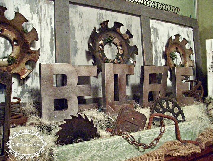 junk holiday mantel, seasonal holiday decor, Cardboard Letters made To Look Rusty