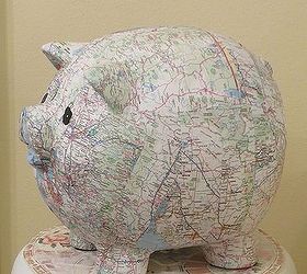 covered my pig bank in maps, crafts, decoupage