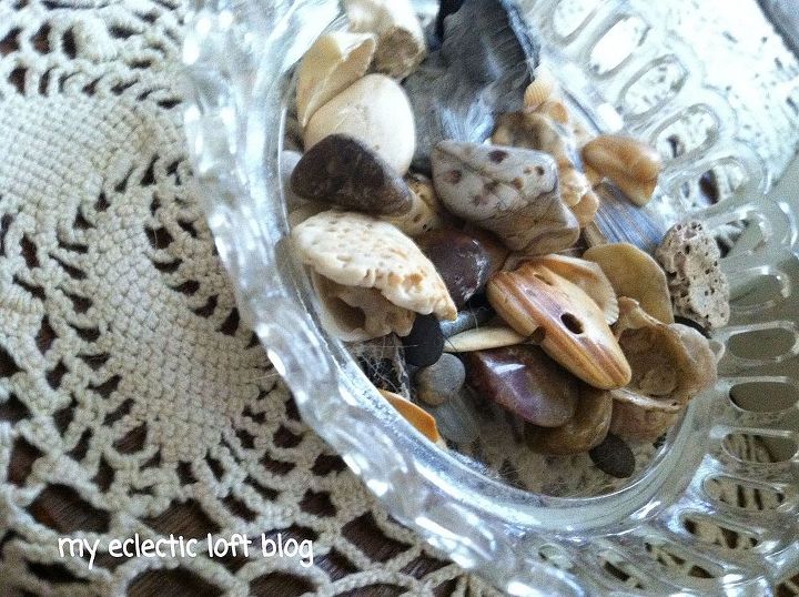 adding vintage decor to my home, home decor, repurposing upcycling, shabby chic, Antique bowl with our own polished rocks and sea shells from Surside South Carolina