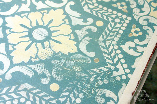 dumpster table gets a stencil and chalk paint makeover, chalk paint, painted furniture, Close up of distressed table