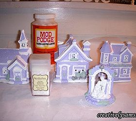 shabby chic lilac village, christmas decorations, crafts, decoupage, painting, seasonal holiday decor, shabby chic, Add Mod Podge Crystal Glitter to the pieces one at a time