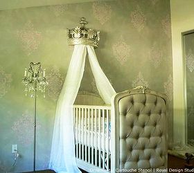 nursery decorating ideas for chic stenciled nurseries, bedroom ideas, home decor, painted furniture, Ornamental Cartouche stencil pattern on green nursery wall