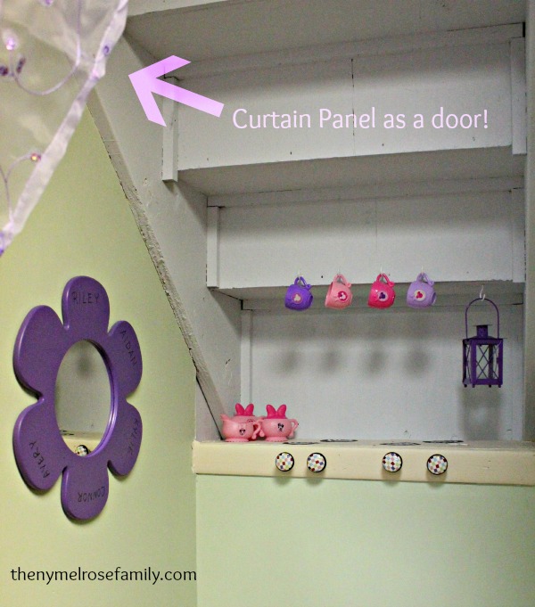 playroom ideas under the stairs kitchen, entertainment rec rooms, Curtain panel door for Play Kitchen