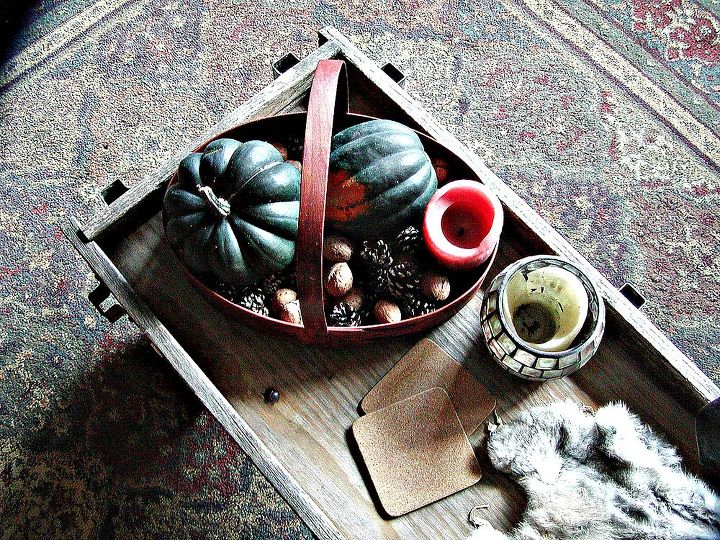 repurposed vintage wagon into one of a kind coffee table, painted furniture, repurposing upcycling, Looking down into the wagon coffee table to see a wintry warm vignette