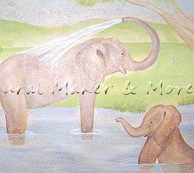 safari mural in baby boys room, home decor, painting, Mama baby elephant taking a bath