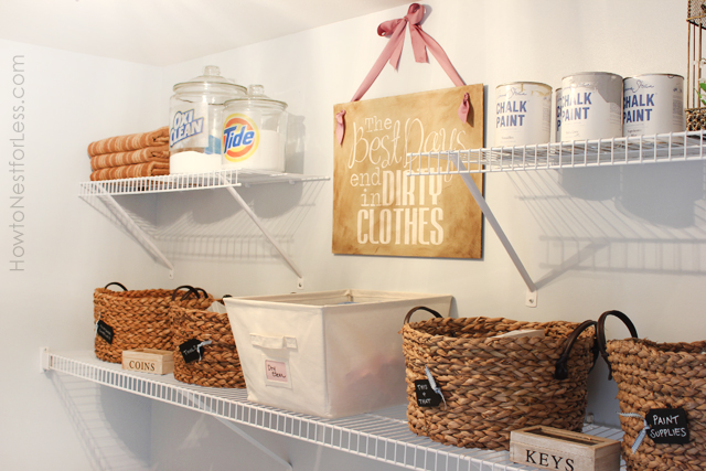 laundry room makeover, home decor, laundry rooms, organizing, Additional wire shelving and handmade sign