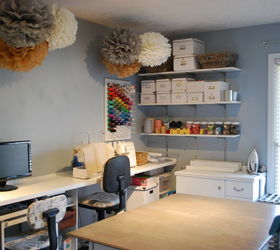 a diy sewing room, cleaning tips, craft rooms, organizing, shelving ideas, storage ideas, MDF shelves provide lots of easy access storage The tissue paper pompoms help soften and add some pretty to the utilitarian space