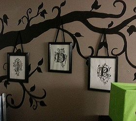 nursery room redo, bedroom ideas, diy, home decor, painting, I drew up a monogram of my sons initials and framed them Then I attached some ribbon to the back and made them look like they were hanging from the tree