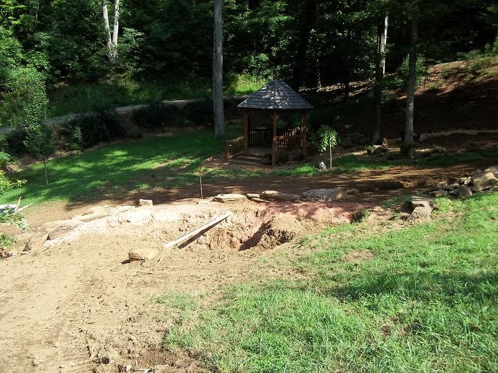 the beginning of a couple of ponds and a dry rock bed, outdoor living, ponds water features, the first picture was from the ponds up to the pergola and house this one is across the other way where the path will end at the gazebo hoping you can see 2 holes bigger 1 and smaller one in between will be a bridge